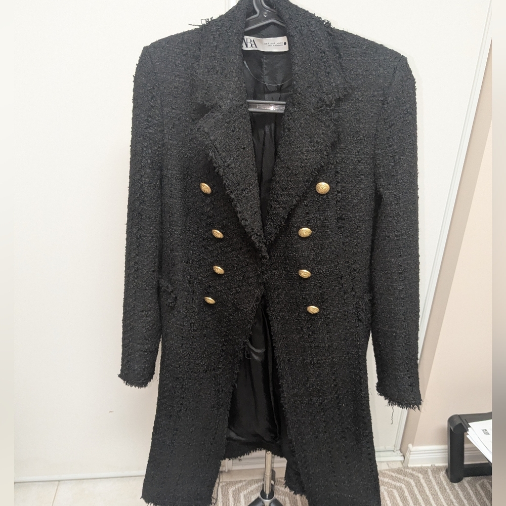 ZARA TWEED MILITARY RUNWAY STYLE BLACK DOUBLE BREASTED PINTEREST FAV COAT